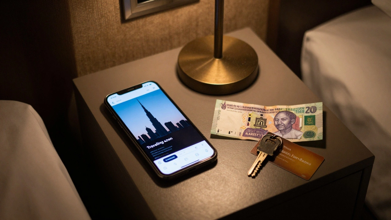 A smartphone showing a vague Instagram post beside a Nigerian banknote and hotel keycard in a dim hotel room.