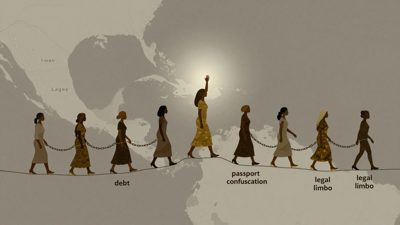 Interconnected threads linking Lagos and Dubai with silhouetted women walking under labels of debt and legal limbo.